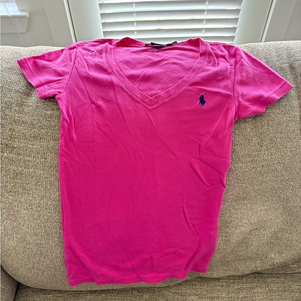 Pink Ralph Lauren short sleeve top, v-neck, stretchy, size Medium